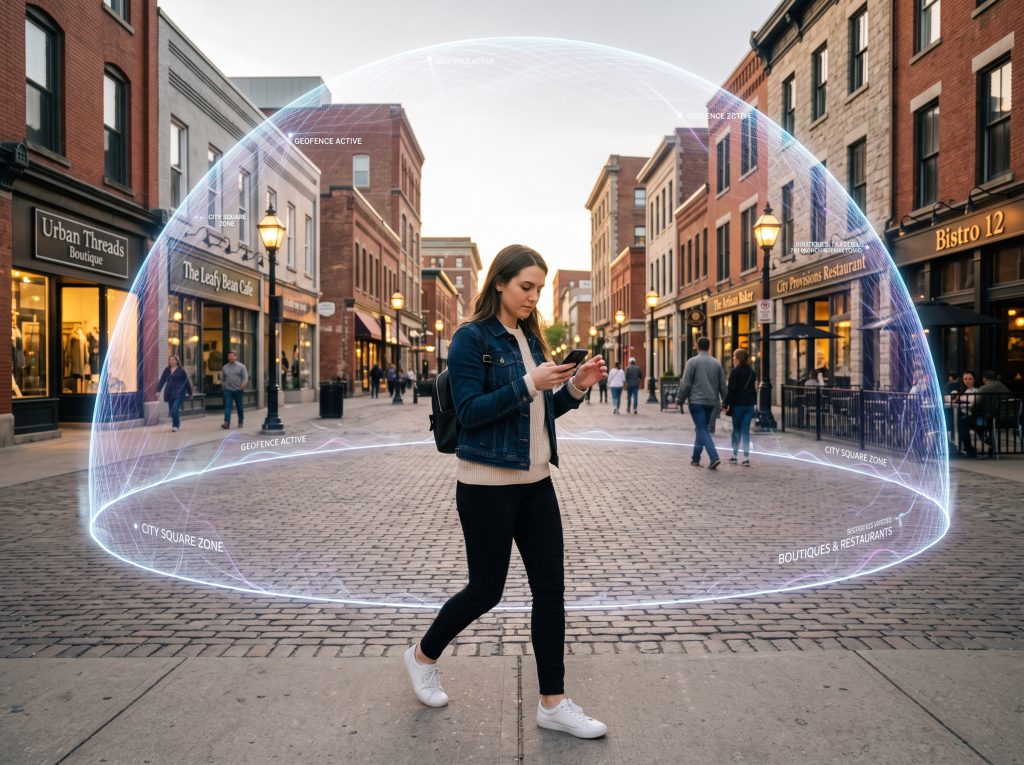 Woman walks through a town square browsing on her cellphone while she is being digitally tracked.